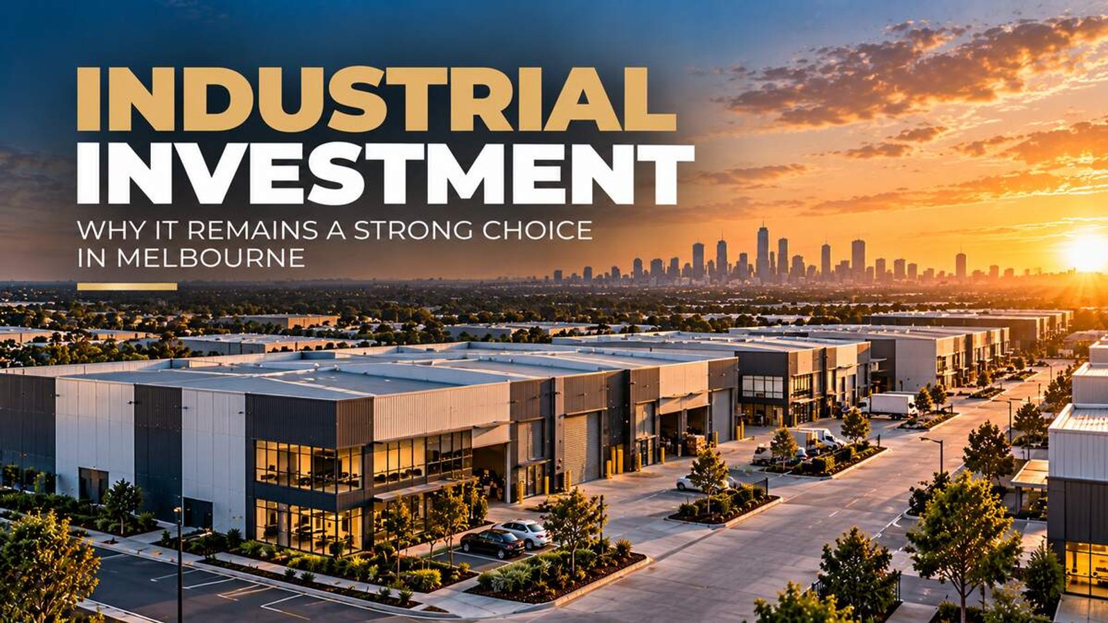 Title card reading industrial investment in Melbourne, over an industrial estate at sunset